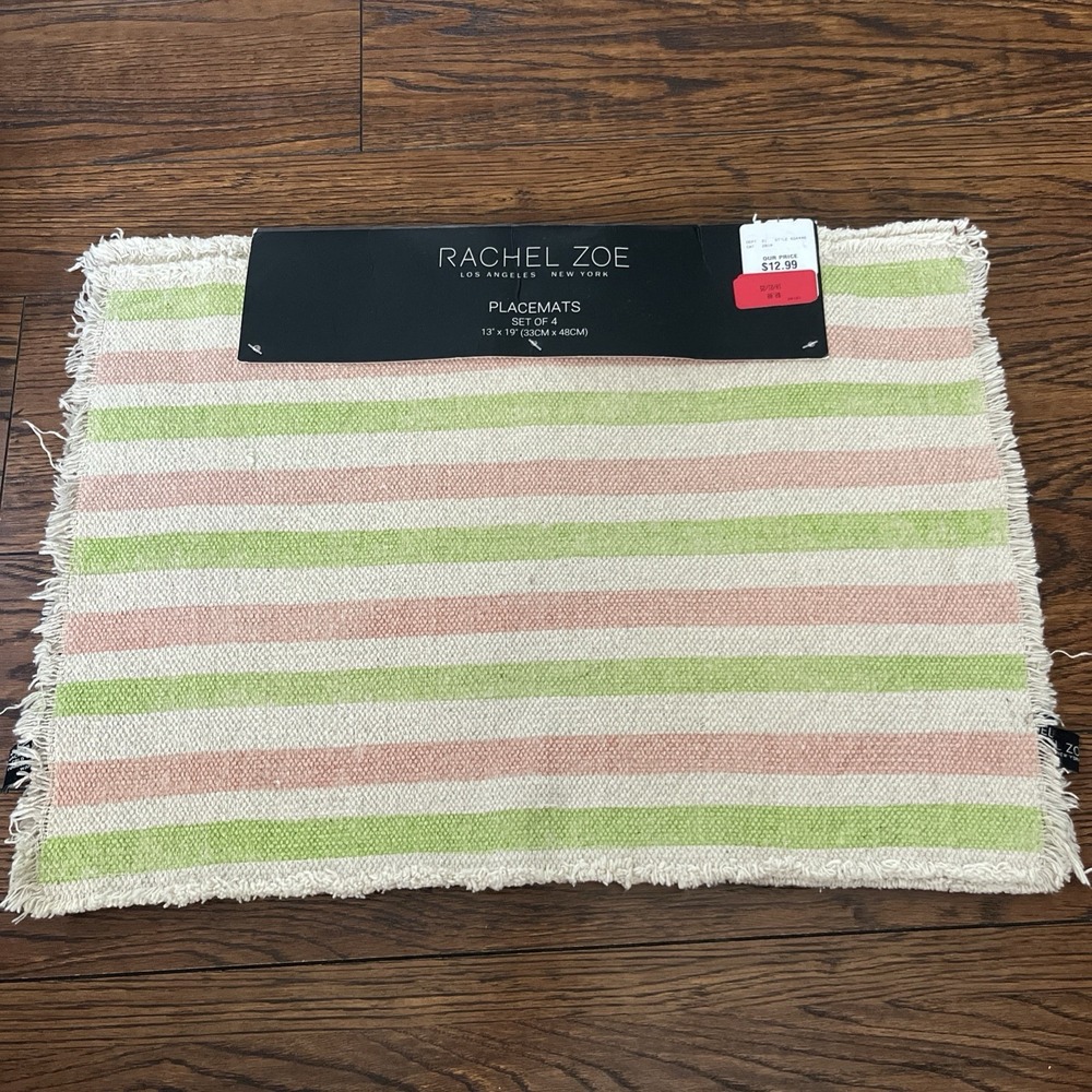 Rachel Zoe Placemats Set of 4 Pink/Green/Beige Striped Cotton Fringe 13x19" NWT